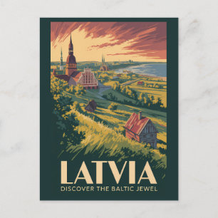 Latvia Baltic Sea Illustration Travel Art Vintage Postcard