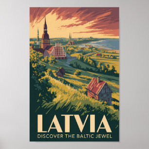 Latvia Baltic Sea Illustration Travel Art Vintage Poster