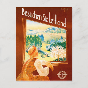 Latvia, girl in train looking through the window postcard