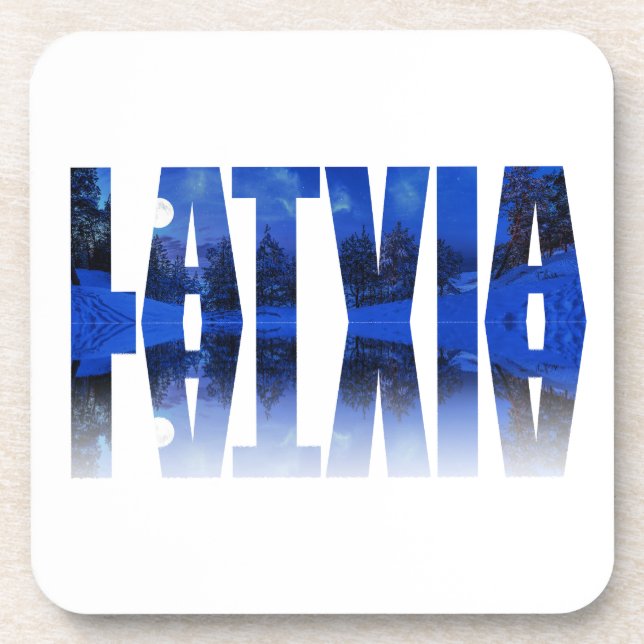 Latvia winter night text with reflection coaster (Front)