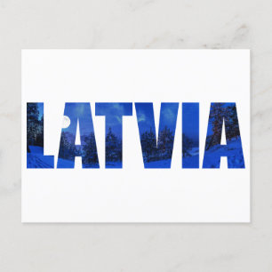 Latvia winter night text with reflection postcard