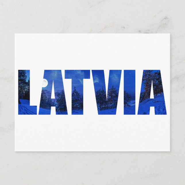 Latvia winter night text with reflection postcard (Front)