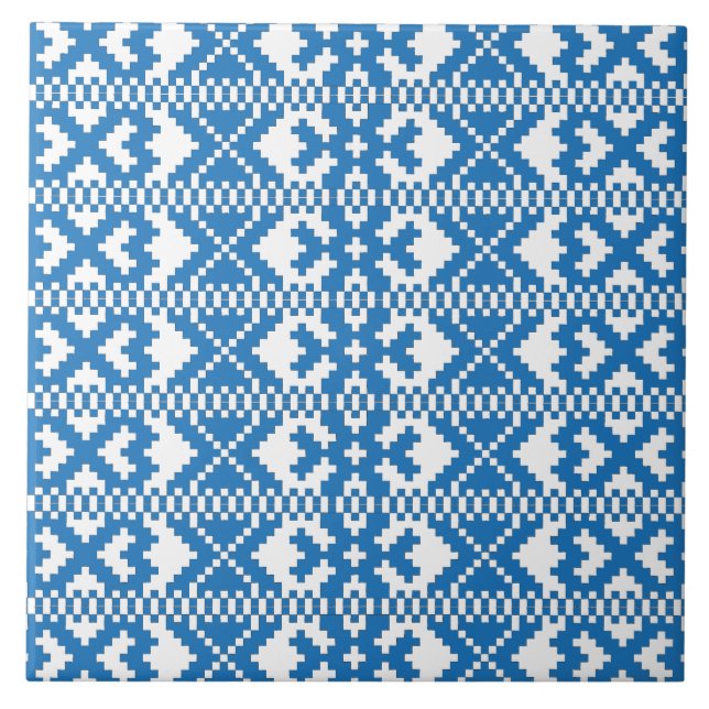 Latvian ancient signs blue and white folk art ceramic tile (Front)