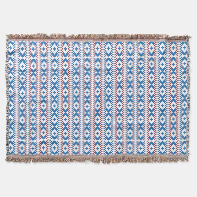 Latvian ancient signs blue, red, white folk art throw blanket (Front)
