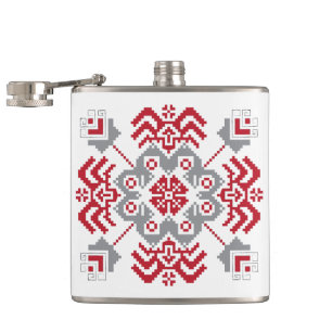 Latvian Auseklis Folk art geometric medallion Hip Flask