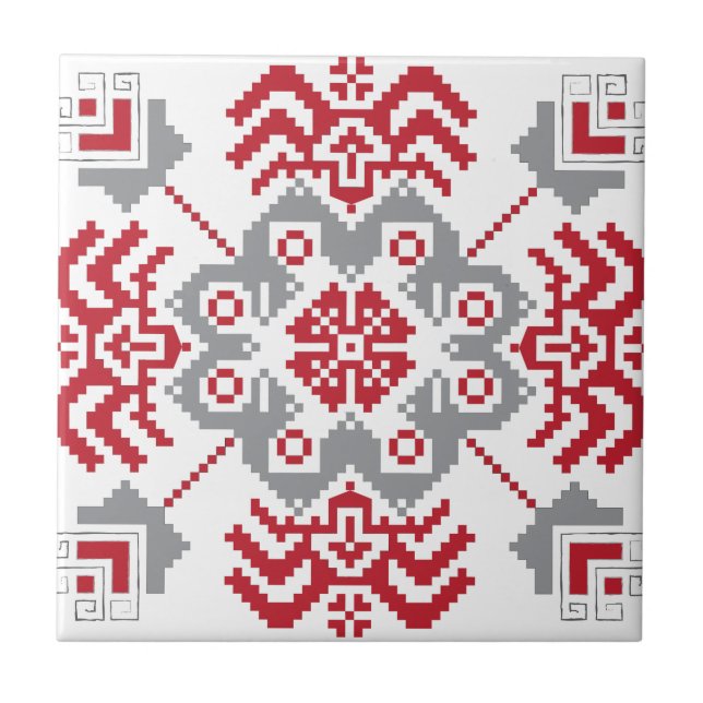 Latvian Auseklis Folk art geometric medallion Tile (Front)