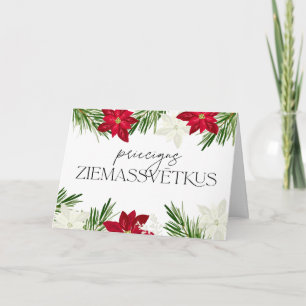 Latvian Christmas Red Poinsettia Ziemassvetki Card