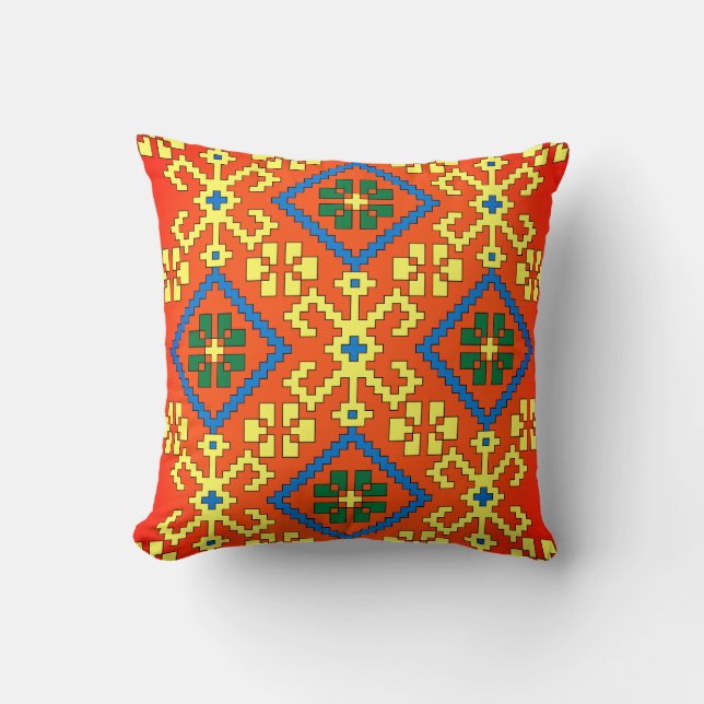 Latvian Ethnic orange blue folk art from Alsunga Cushion (Front)
