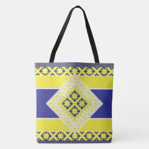 Latvian folk art blue yellow geometric Medallion Tote Bag
