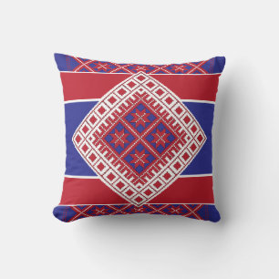 Latvian folk art red and blue geometric Medallion Cushion