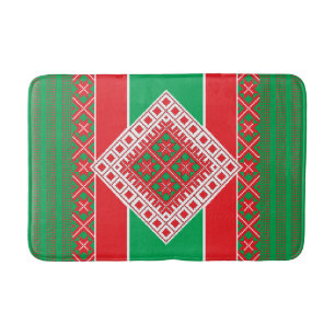Latvian folk art red and green geometric Medallion Bath Mat