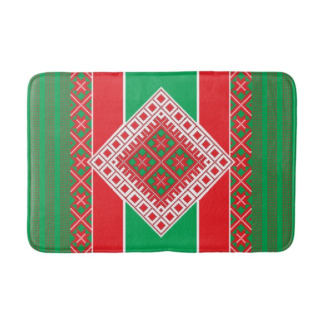 Latvian folk art red and green geometric Medallion Bath Mat (Front)