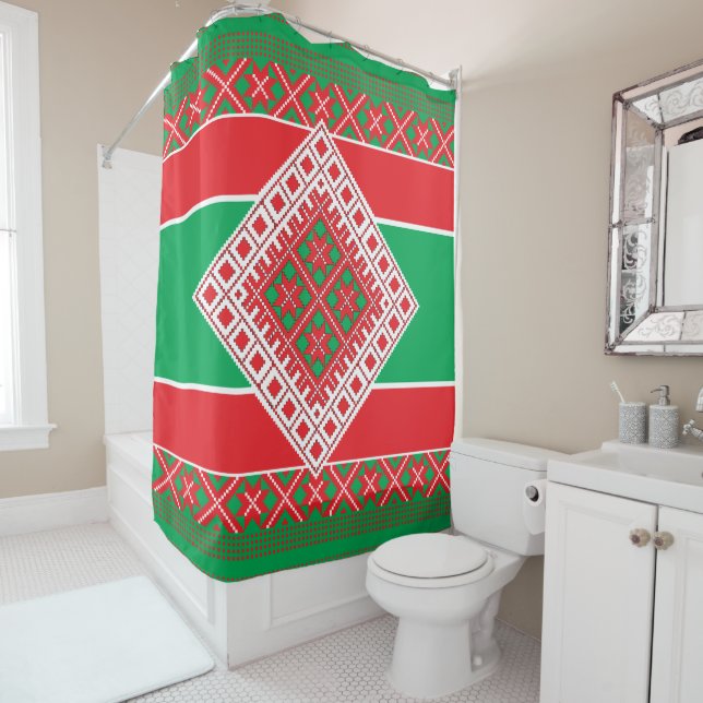 Latvian folk art red and green geometric Medallion Shower Curtain (In Situ)