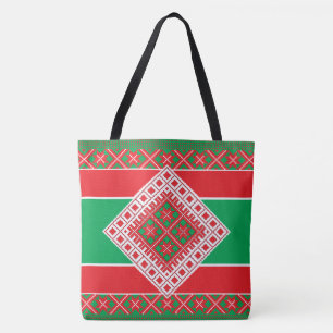 Latvian folk art red and green geometric Medallion Tote Bag