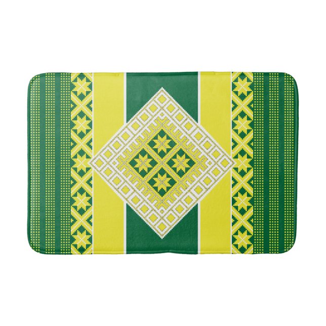 Latvian folk art yellow green geometric Medallion Bath Mat (Front)