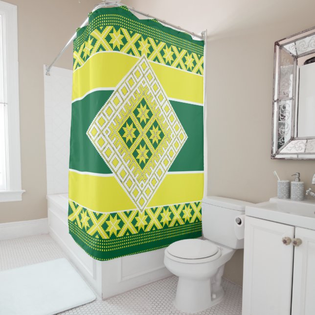 Latvian folk art yellow green geometric Medallion Shower Curtain (In Situ)