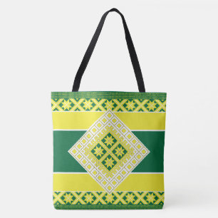 Latvian folk art yellow green geometric Medallion Tote Bag