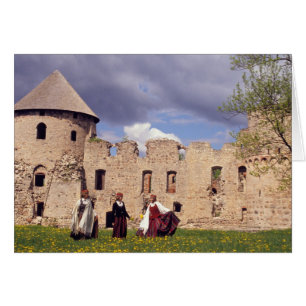 Latvian girls in traditional dress, singing