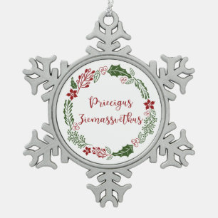 Latvian Merry Christmas, Priecīgus Ziemassvētkus Snowflake Pewter Christmas Ornament