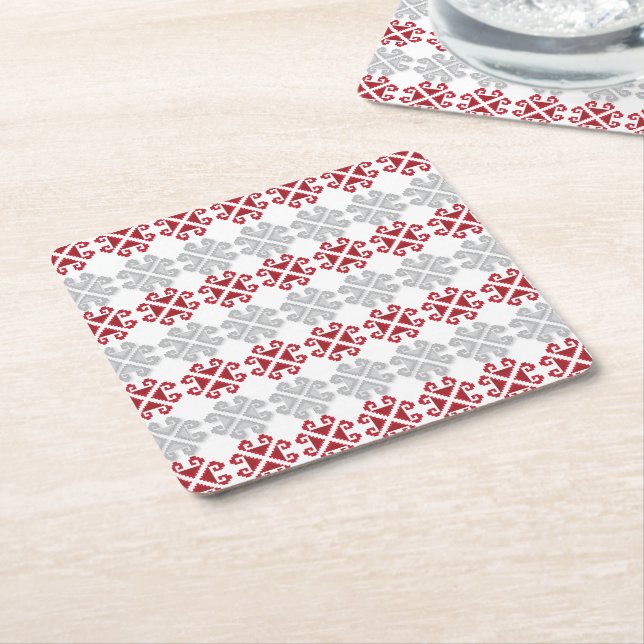 Latvian red and grey geometric Moon cross Square Paper Coaster (Angled)