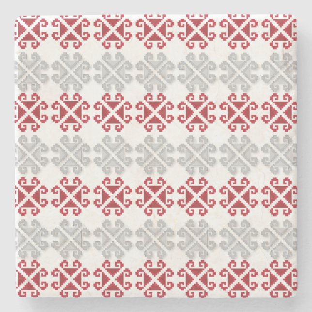 Latvian red and grey geometric Moon cross Stone Coaster (Front)