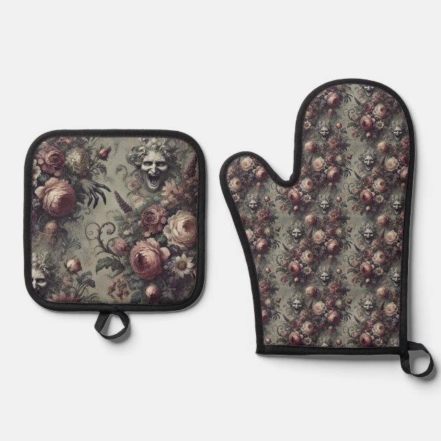 Laugh Lines – Gothic Victorian Oven Mitt & Pot Holder Set (Front)