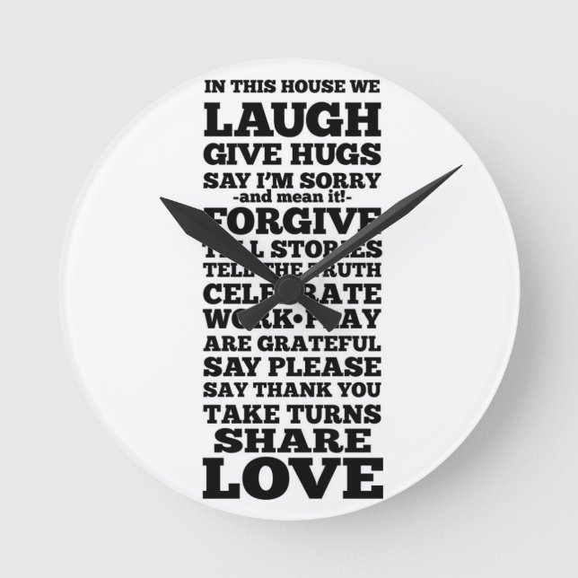 Laugh, Love, Black and White Round Clock (Front)