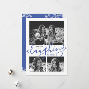 Laughing All the Way 3-Photo Snowy Blue Christmas Holiday Card