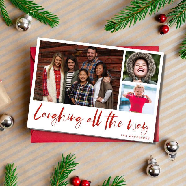 Laughing All the Way Family Photo Plaid Card (Laughing All the Way Modern Photo Plaid Christmas Holiday Card)