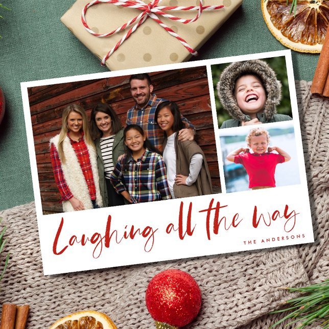 Laughing All the Way Modern Photo Plaid Card (Laughing All the Way Modern Photo Plaid Christmas Holiday Card)