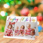 Laughing All The Way Rainbow 3 Christmas Photo Holiday Card<br><div class="desc">Beautiful, colourful 3 photo Christmas folded card with Laughing All the Way in pretty rainbow cursive script. Personalise with your three favourite vertical family photographs of your smiling kids above your name or custom greeting in red. Fun and cheerful holiday cards with a customisable letter inside. Add a 4th photograph...</div>