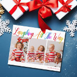 Laughing All The Way Rainbow 3 Christmas Photo Holiday Postcard<br><div class="desc">Beautiful,  colourful 3 photo Christmas postcard with Laughing All the Way in pretty rainbow cursive script. Personalise with your three favourite vertical family photographs of your smiling kids above your name or custom greeting in red. Fun and cheerful holiday postcards.</div>