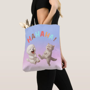 Laughing Besties: HAHAHA! Smiling Bichon & Cat Art Tote Bag