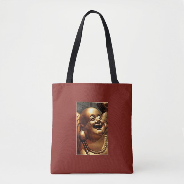 Laughing Buddha Statue Photograph Gold on Red Tote Bag (Front)
