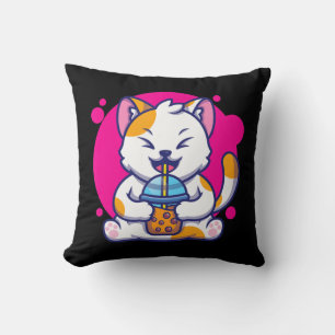 Laughing Cat Neko Kawaii Boba Tea In Anime Style Cushion