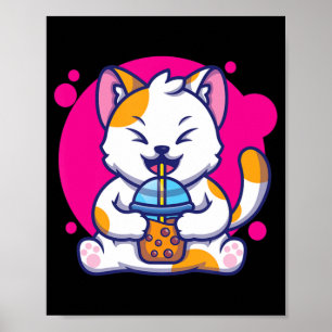 Laughing Cat Neko Kawaii Boba Tea In Anime Style Poster