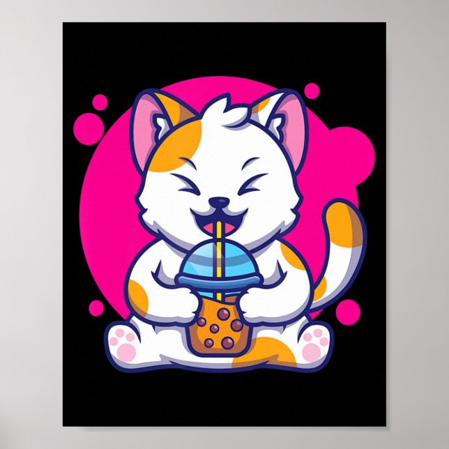 Laughing Cat Neko Kawaii Boba Tea In Anime Style  Poster (Front)