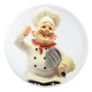 Laughing chef with pan pottery figurine ceramic knob