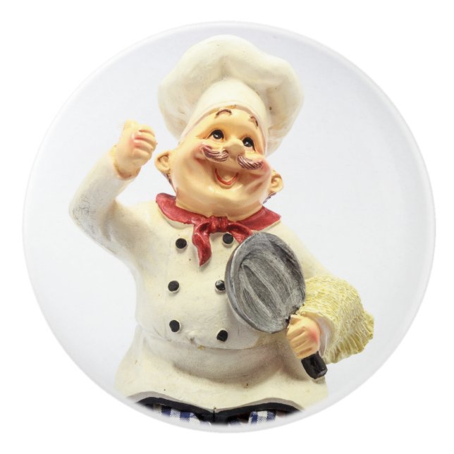 Laughing chef with pan pottery figurine ceramic knob (Front)