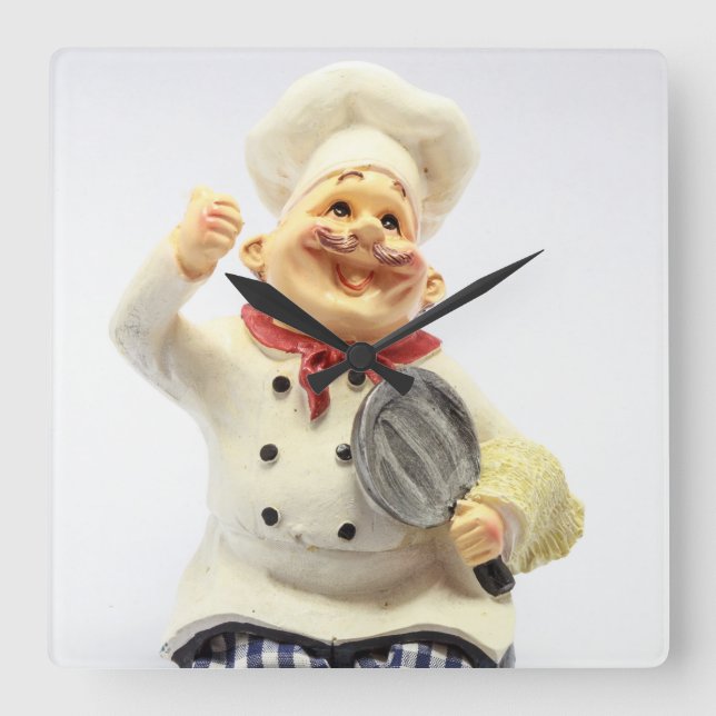Laughing chef with pan pottery figurine  square wall clock (Front)