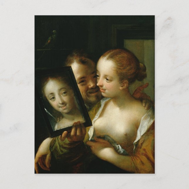 Laughing Couple with a mirror, 1596 Postcard (Front)