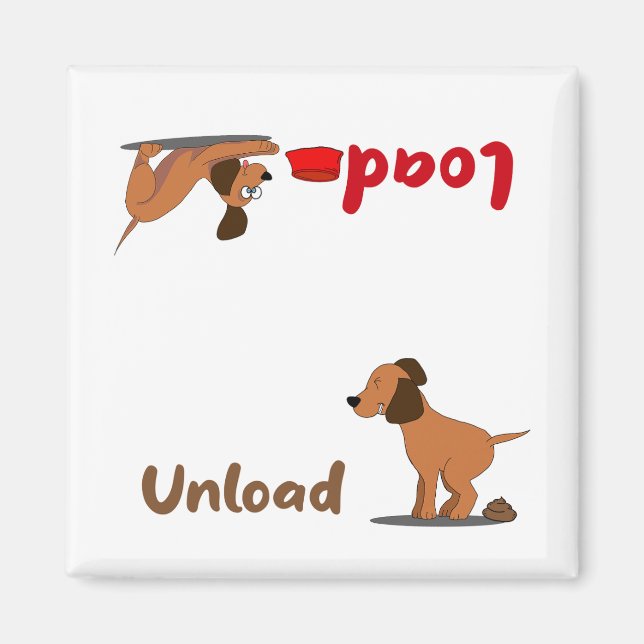 Laughing dog, load and unload dishwasher magnet (Front)