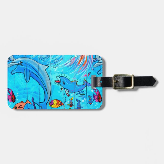 laughing dolphins blue luggage tag (Front Horizontal)