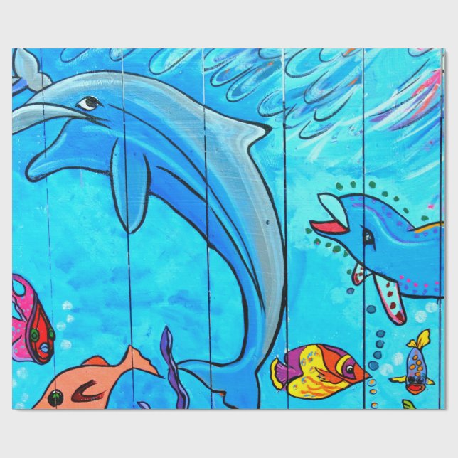 laughing dolphins blue wrapping paper (Flat)