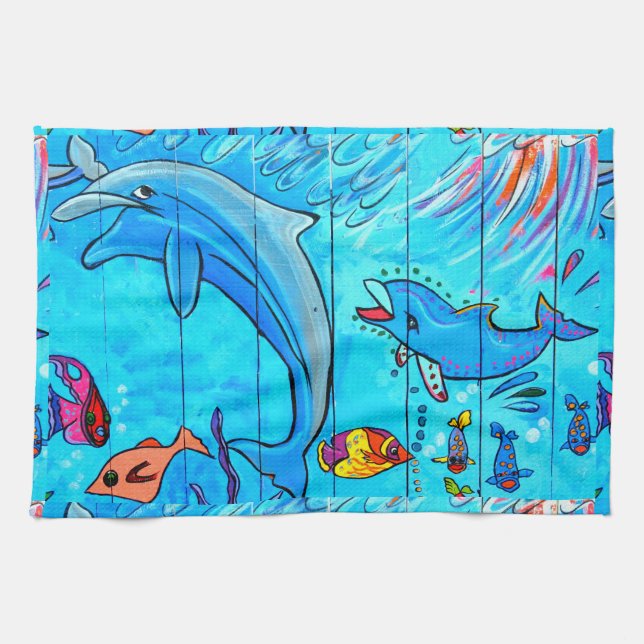 laughing dolphins kitchen towel (Horizontal)