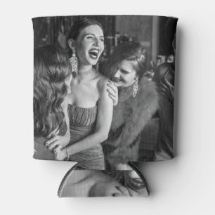 Laughing girls: stylish black-white photo can cooler