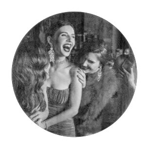 Laughing girls: stylish black-white photo cutting board