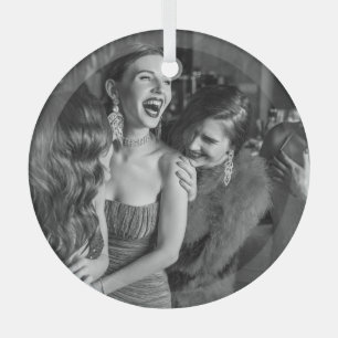 Laughing girls: stylish black-white photo glass tree decoration