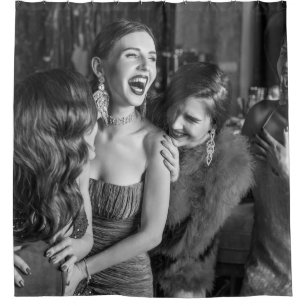 Laughing girls: stylish black-white photo shower curtain