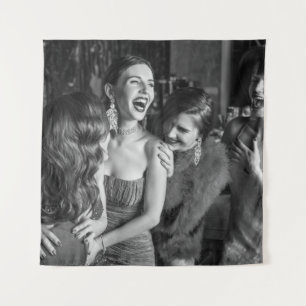 Laughing girls: stylish black-white photo tapestry